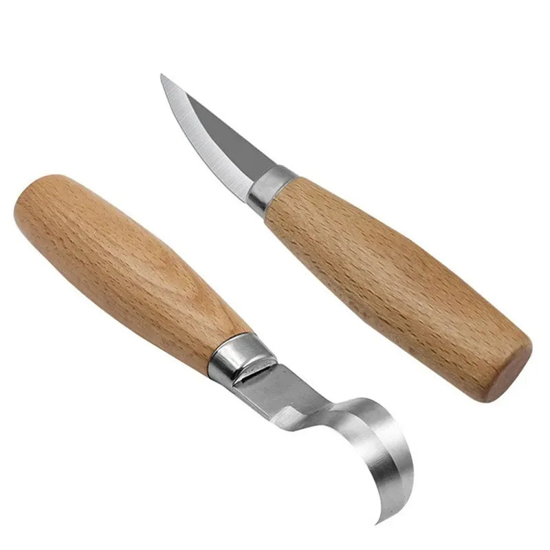 A silver carving knife with an ergonomic wooden handle shown from the side.