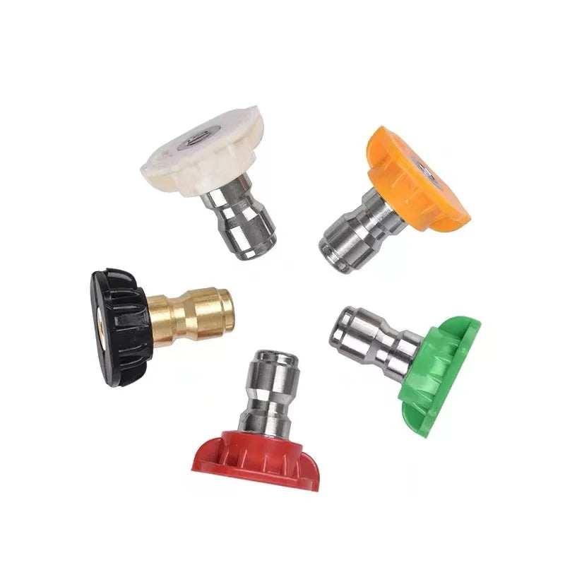 Set of heavy-duty quick release adapters for pressure washers in various colors including white, orange, and green.