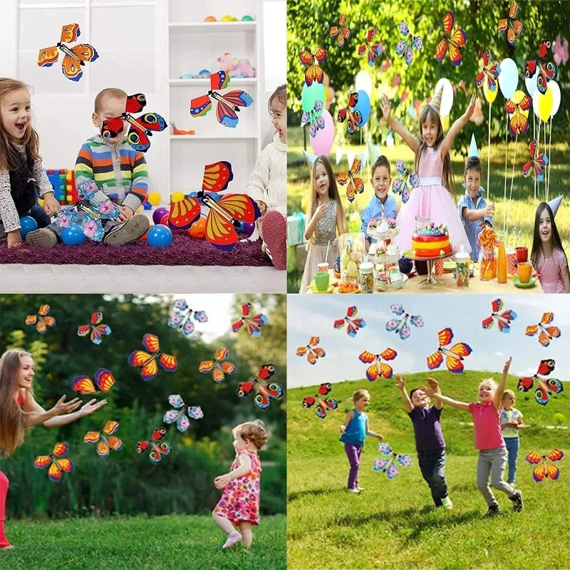 A collection of children playing with and observing magic flying butterfly wind-up toys outdoors.