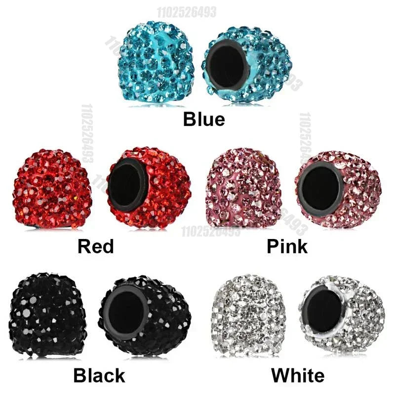 Ein Set aus Kristall-Diamant-Radventil-Kappen in Blau, Rot, Pink, Schwarz und Weiß.