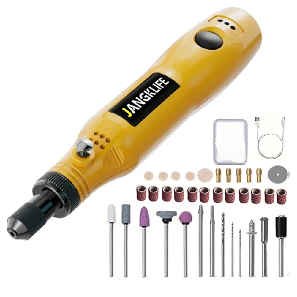 Yellow cordless rotary tool kit for precision engraving sanding and drilling tools