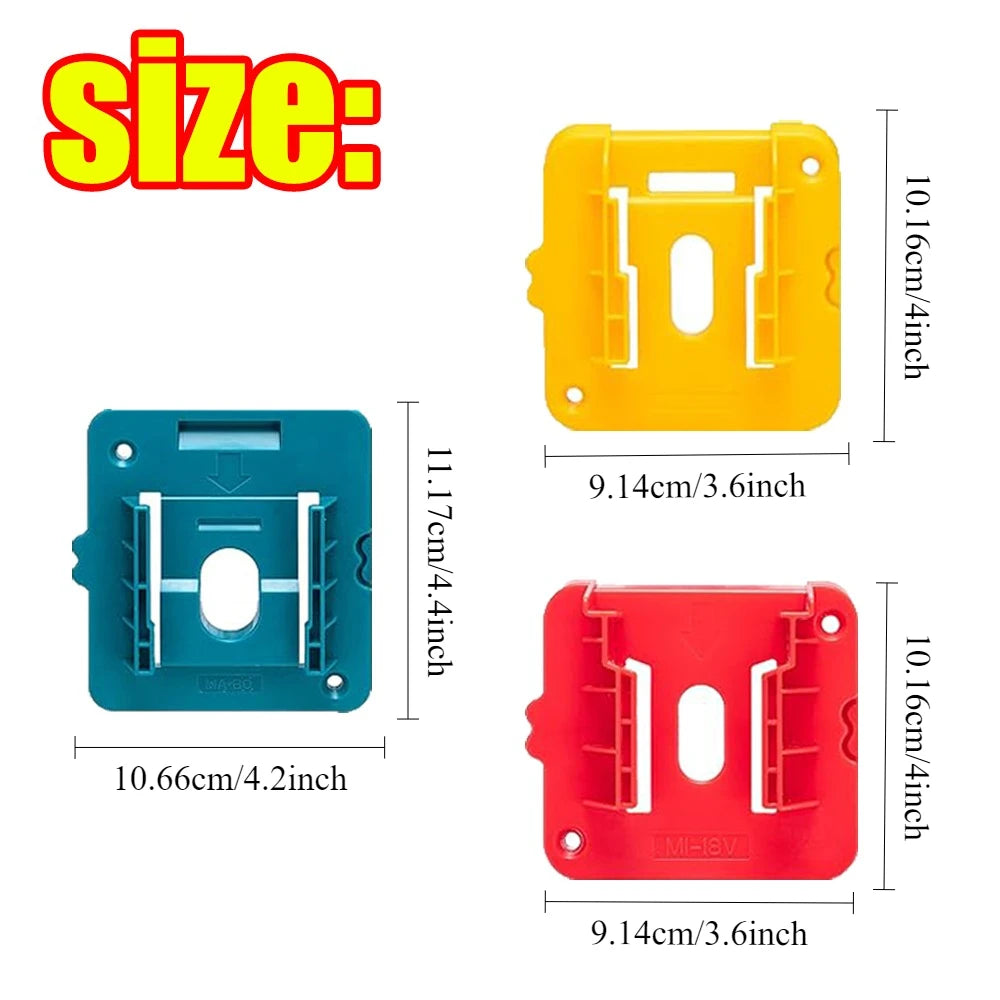 Three wall mount battery holders in yellow, teal, and red plastic for power tool batteries