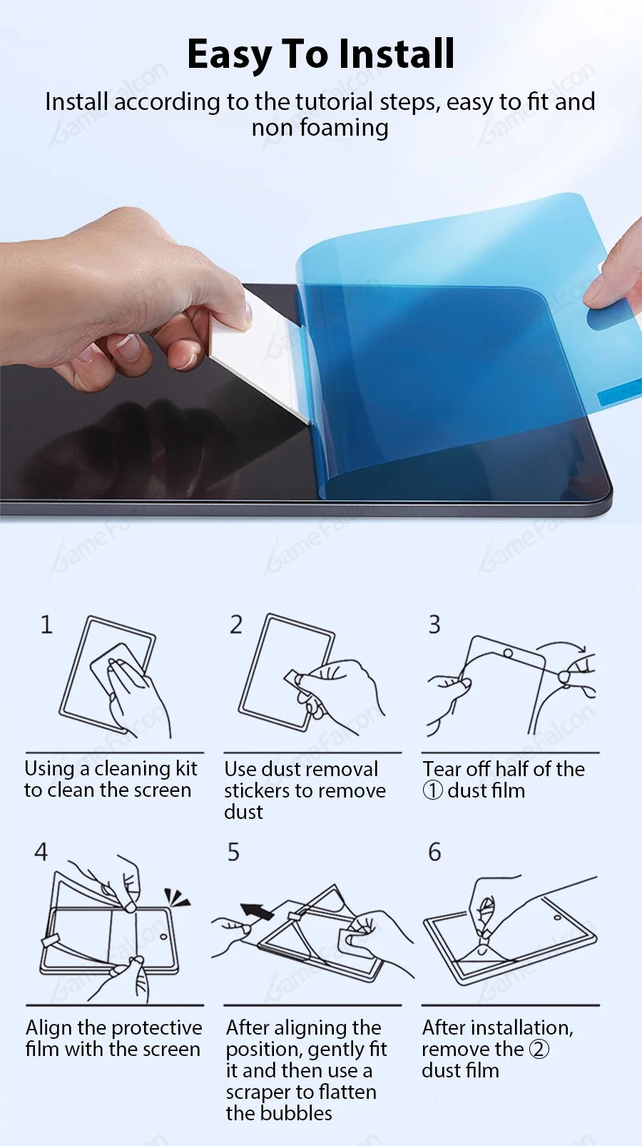 Instructions showing how to install a paper-feel matte screen protector on an iPad using a cleaning kit and dust removal stic