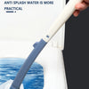 A hand holds an extended reinforced handle of a blue toilet cleaning wand dipping into water.