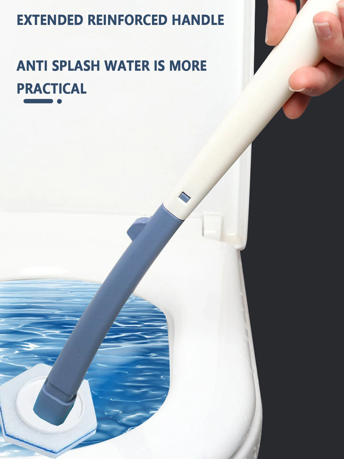 A hand holds an extended reinforced handle of a blue toilet cleaning wand dipping into water.