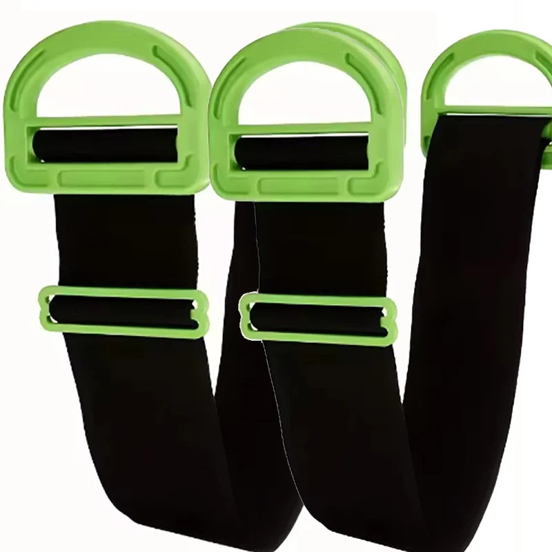 Three heavy-duty black furniture moving straps with lime green comfort grip handles