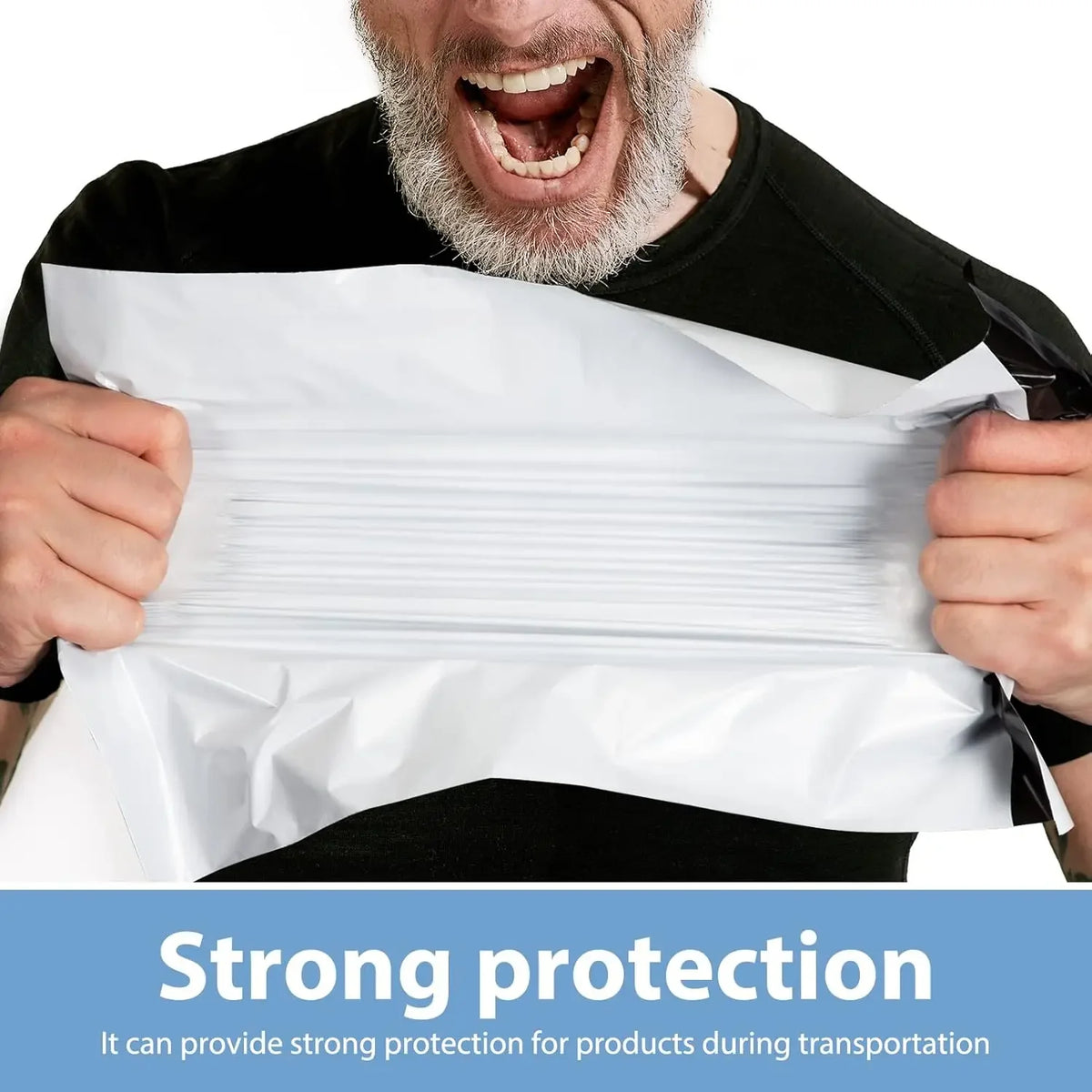A man holds a stack of white self-adhesive poly mailers demonstrating strong protection for products during transportation.