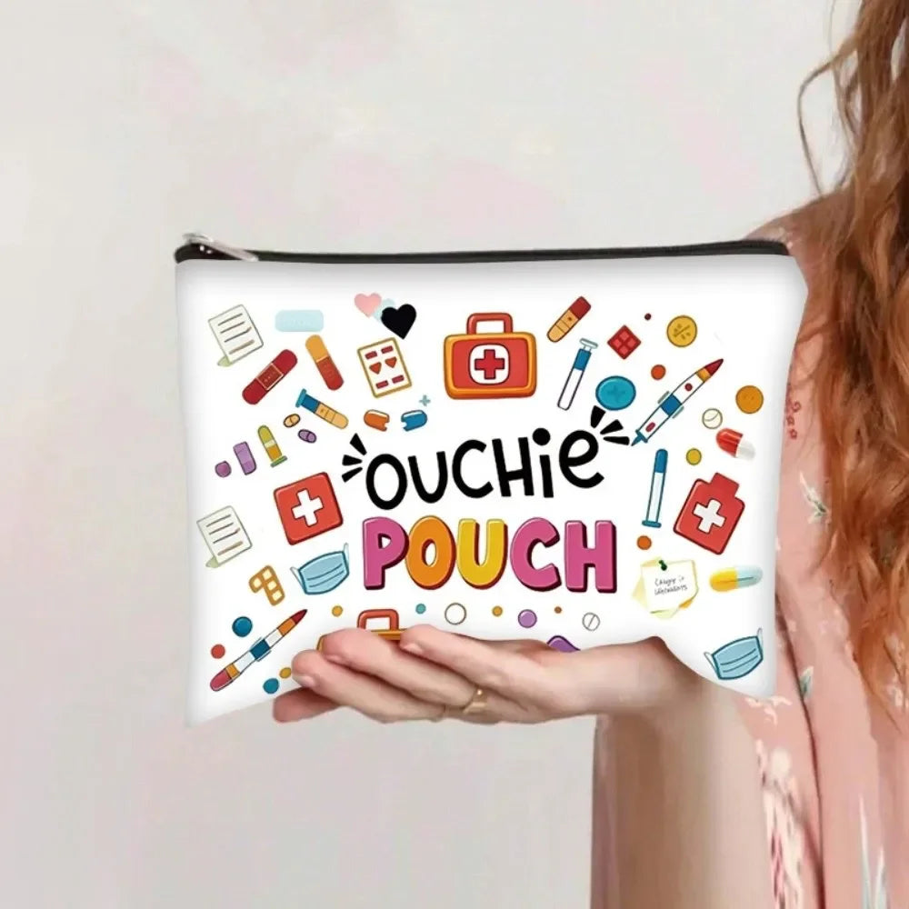 A pink canvas charger storage pouch with colorful medical and first aid icons.
