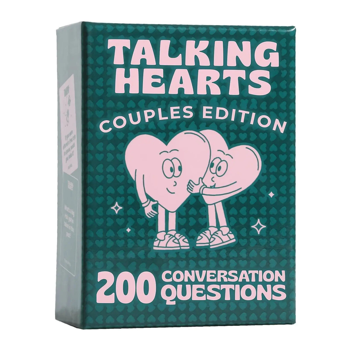 Boîte de cartes de conversation 'Talking Hearts Couples Edition' avec illustrations de cœurs roses sur fond vert.