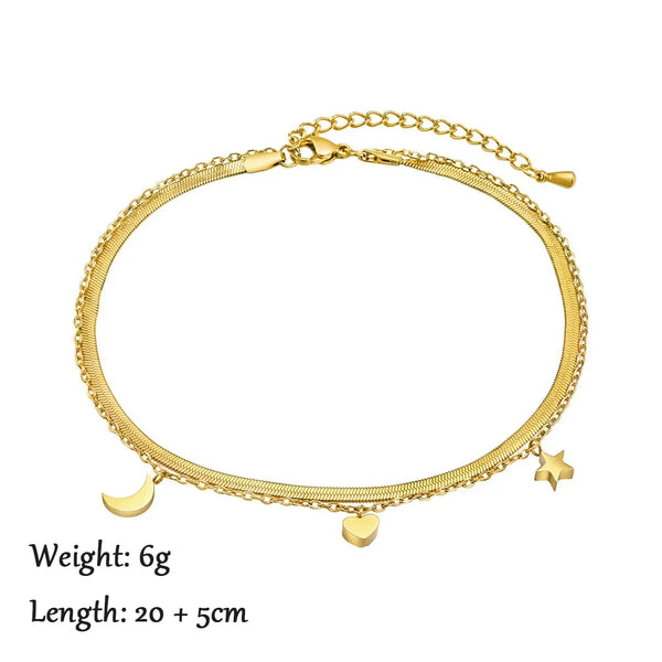 Gold stainless steel layered anklet with a chain and small charms