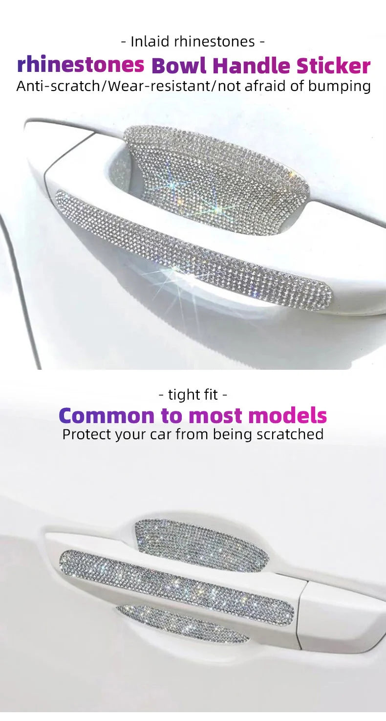 A close-up of a rhinestone bowl handle sticker set designed to protect car door handles from scratching.