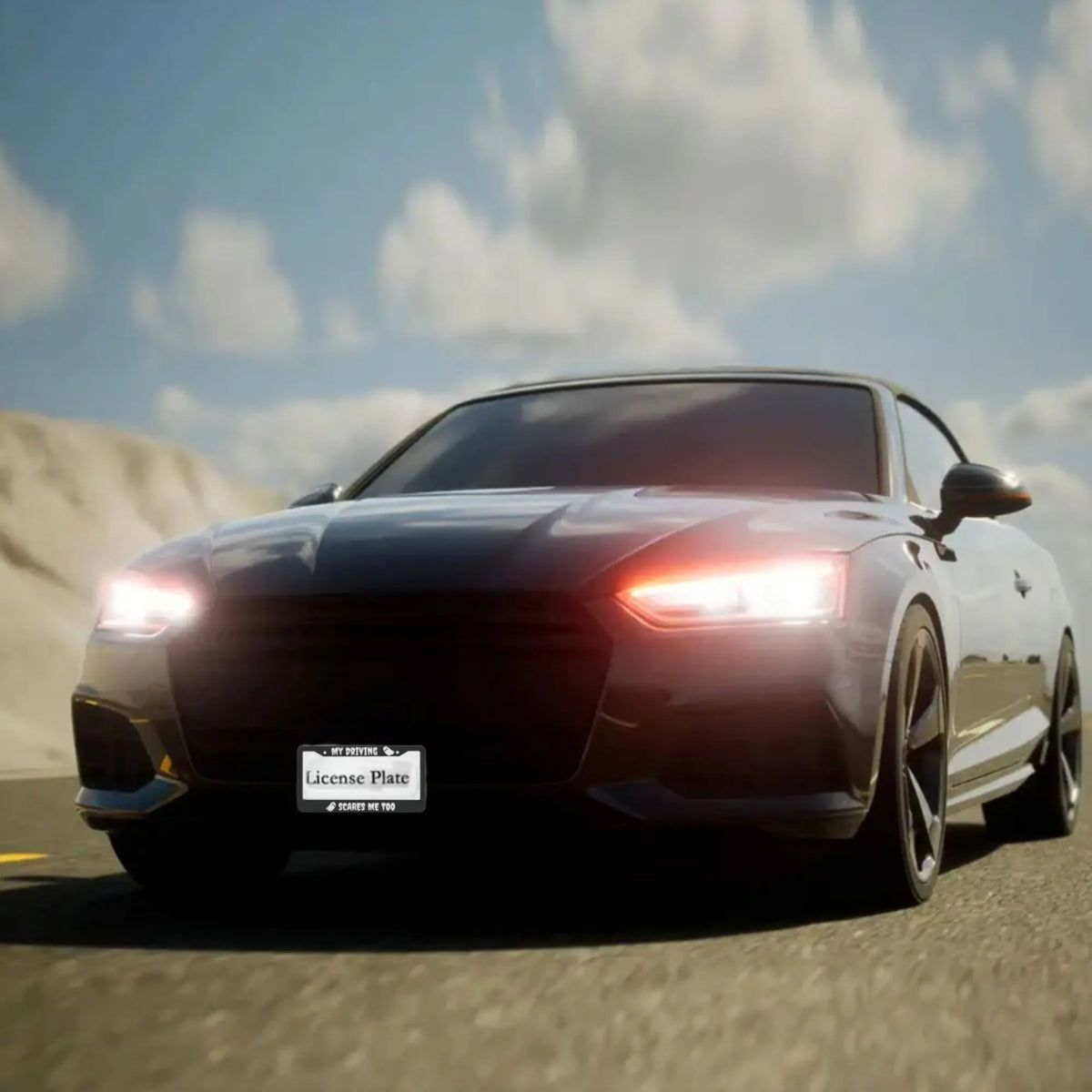 A silver sports car driving on a road with a humorous aluminum license plate frame visible.