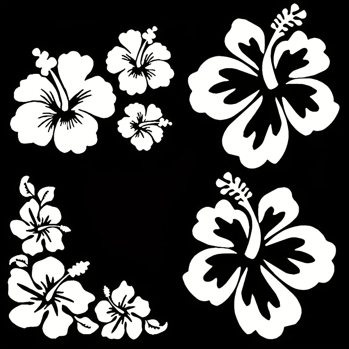 Black and white floral design featuring hibiscus flowers in various styles