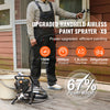 A man is using an upgraded handheld airless paint sprayer, demonstrating its power and efficiency on a wooden deck.