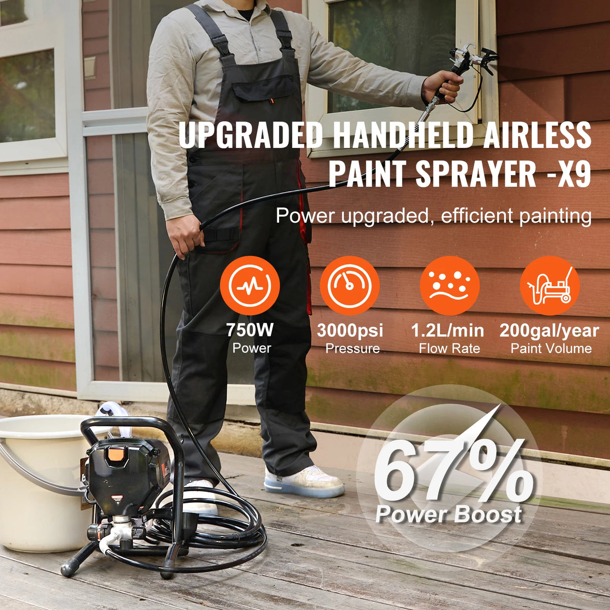 A man is using an upgraded handheld airless paint sprayer, demonstrating its power and efficiency on a wooden deck.