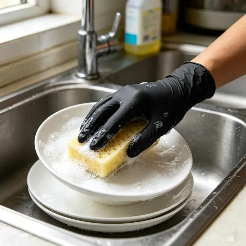 A hand wearing a black disposable nitrile glove is placing a piece of bread on a white plate in a stainless steel sink.