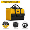 Yellow and black heavy-duty tool bag with six exterior pockets featuring a sturdy base and comfortable handle