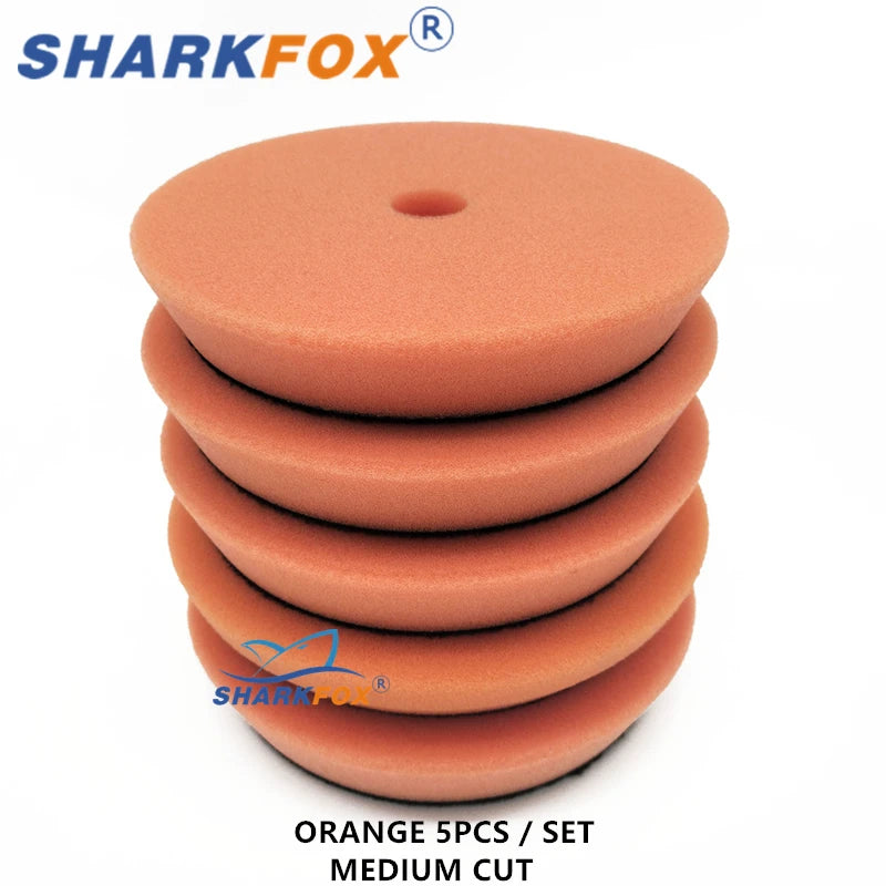 Set of five orange medium cut car polishing sponge pads for dual-action polishers
