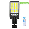 A black solar powered motion sensor wall light with ten yellow LEDs and a remote control.