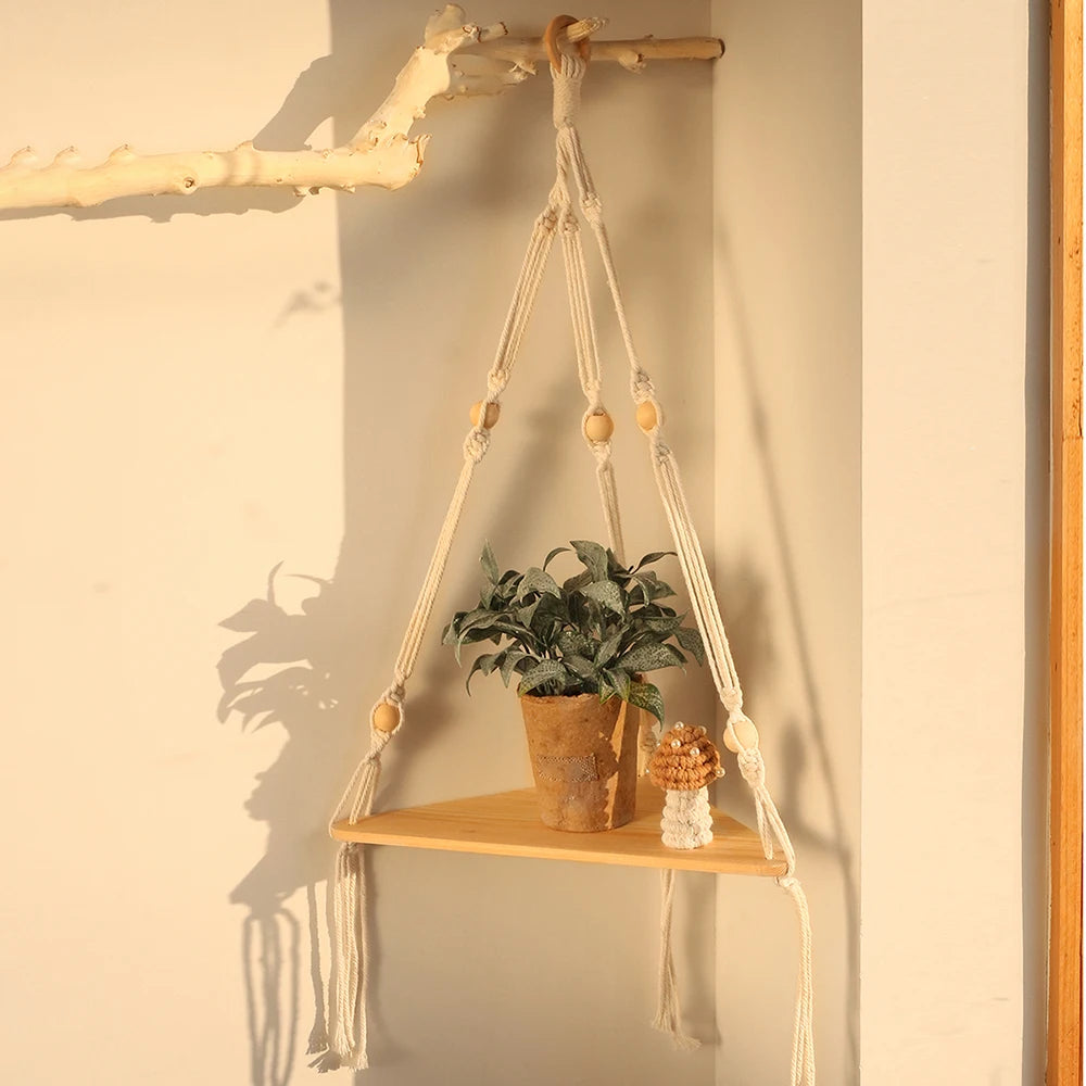 Triangle Wood Floating Wall Shelf with Macrame Rope