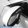 A close-up of an SRT car mirror rain brow accessory installed on a white car side mirror.