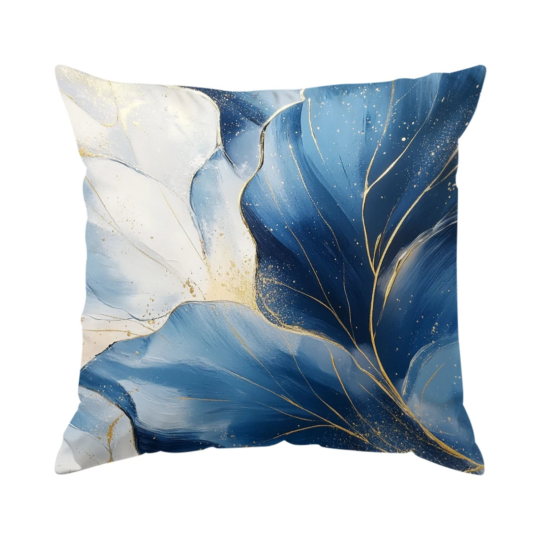 Abstract leaf print cushion cover featuring blue and white watercolor leaves with gold accents