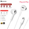 White plug and play earphones with a microphone and stereo sound features shown