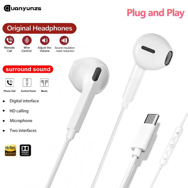 White plug and play earphones with a microphone and stereo sound features shown