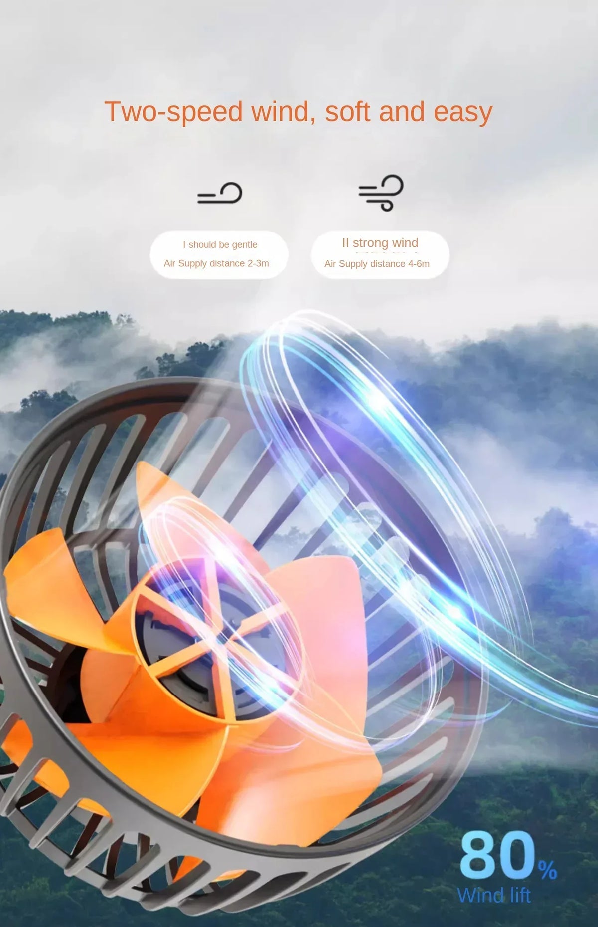 Orange two-speed wind fan with a diffuser, showing airflow and wind lift capability.
