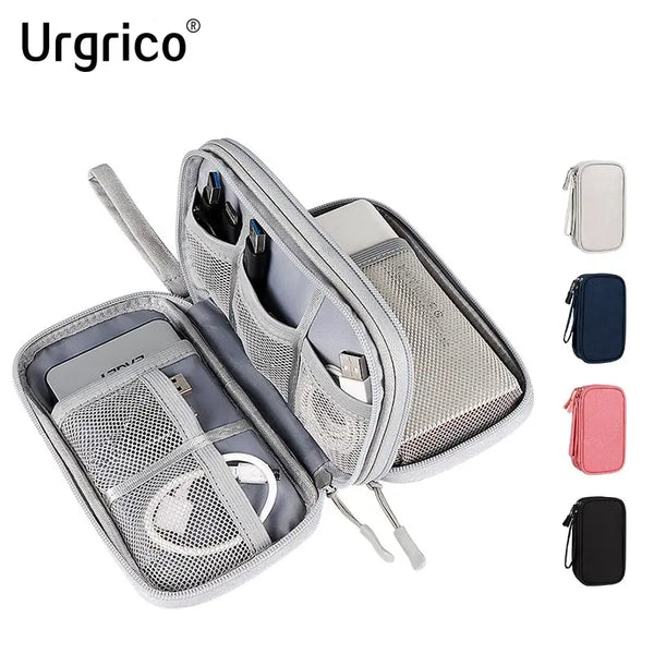 A silver nylon cable organizer travel case with multiple compartments and a matching pink pouch.
