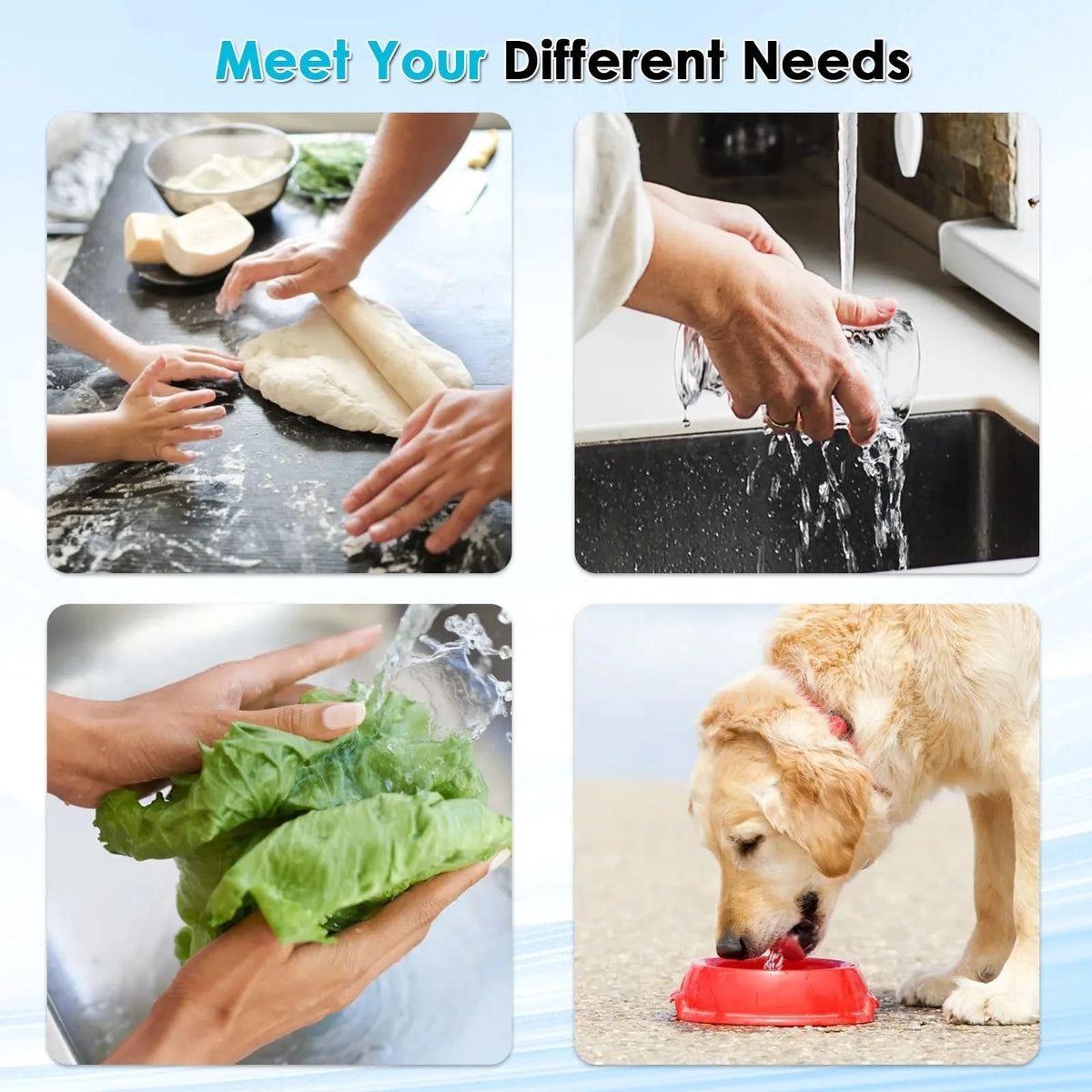 A collection of images showing a faucet mount water filter in use for various household needs.