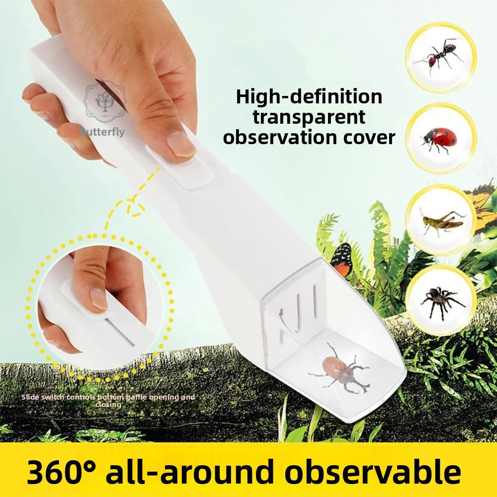 A hand holds a white, high-definition transparent observation cover for an insect catcher clamp, showing various insects.