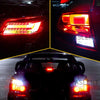 Close-up view of a car's taillights and brake lights showing bright LED bulbs.