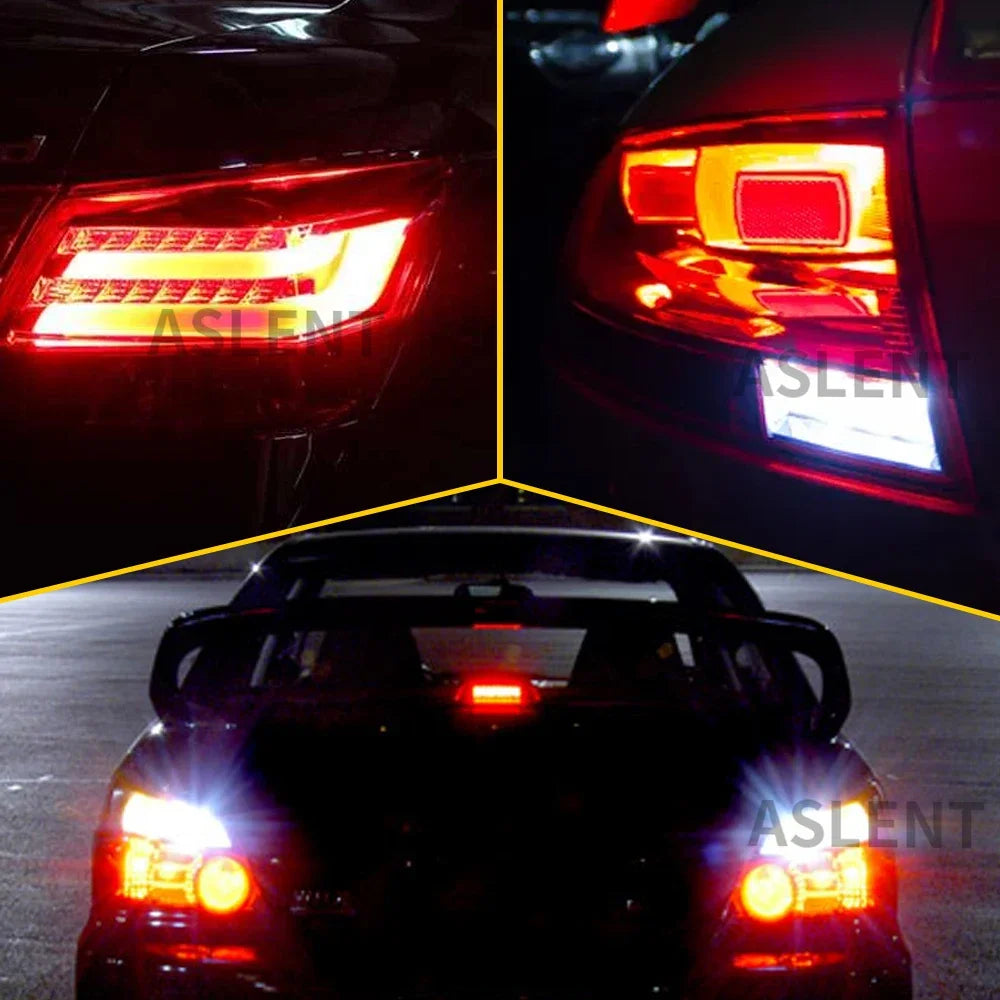 Close-up view of a car's taillights and brake lights showing bright LED bulbs.