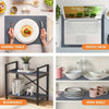 A set of shelf liners and dishes displayed on a white wooden bookshelf and a kitchen cabinet.