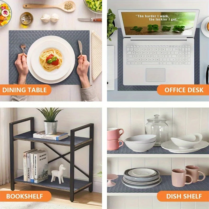 A set of shelf liners and dishes displayed on a white wooden bookshelf and a kitchen cabinet.