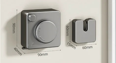 Silberne, innenziehbare Wäscheleine, montiert an der Wand, mit Darstellung von Maßen und Mechanismus.