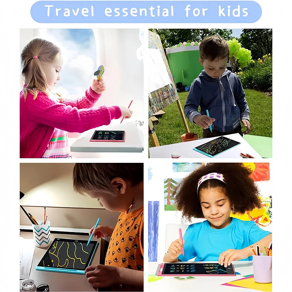 A child is using an 8.5 inch LCD writing tablet with a stylus pen for creative activities.