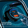 Close-up of an independent switch design 4-port USB car charger with a voltmeter and LED display on a dark background.
