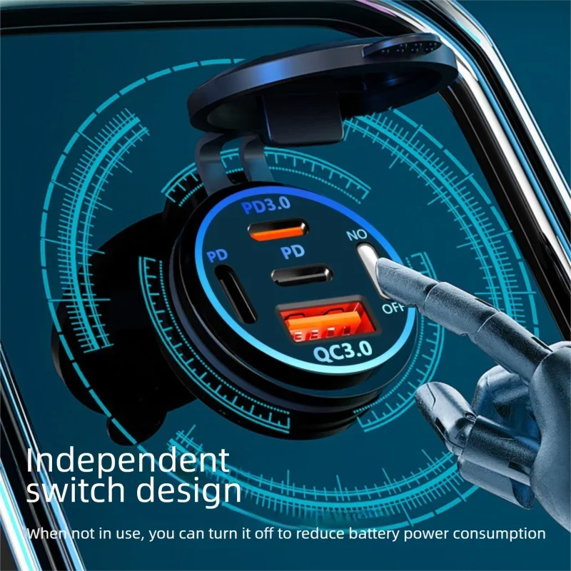 Close-up of an independent switch design 4-port USB car charger with a voltmeter and LED display on a dark background.