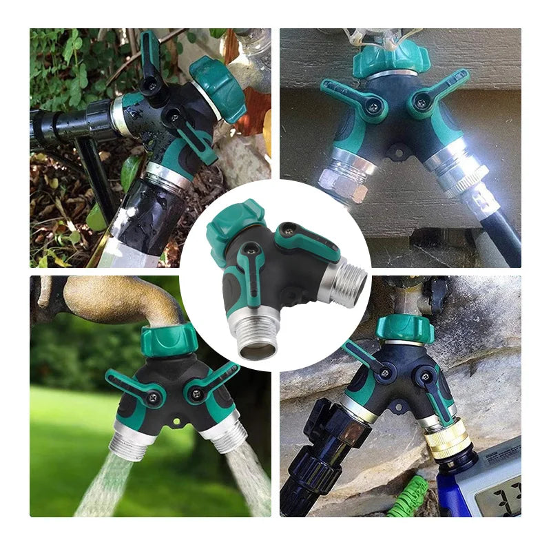 A durable garden hose Y-splitter with independent valve control in black and teal plastic.