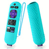 A turquoise silicone remote cover for a Roku device shown next to the detached cover.