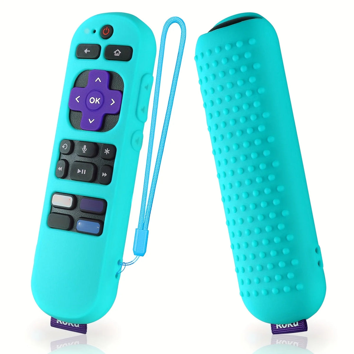 A turquoise silicone remote cover for a Roku device shown next to the detached cover.