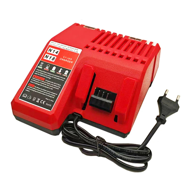 Red Milwaukee 14.4V/18V Li-ion battery charger with a black power cord.