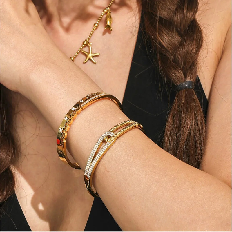 Openable Gold-Plated Zircon Bangle Bracelet
