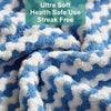 Nahaufnahme eines blau-weißen Mikrofasertuch mit streifenfreier Textur