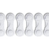 A row of white adhesive baby proof cabinet locks or child safety latches for drawers and cupboards.