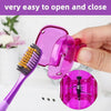 A hand holds a pink electric toothbrush head cover with a purple brush, demonstrating its easy opening and closing mechanism.