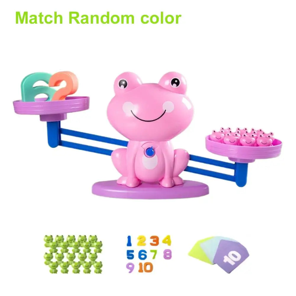 A pink frog balance math learning toy with colored pegs and a number card.