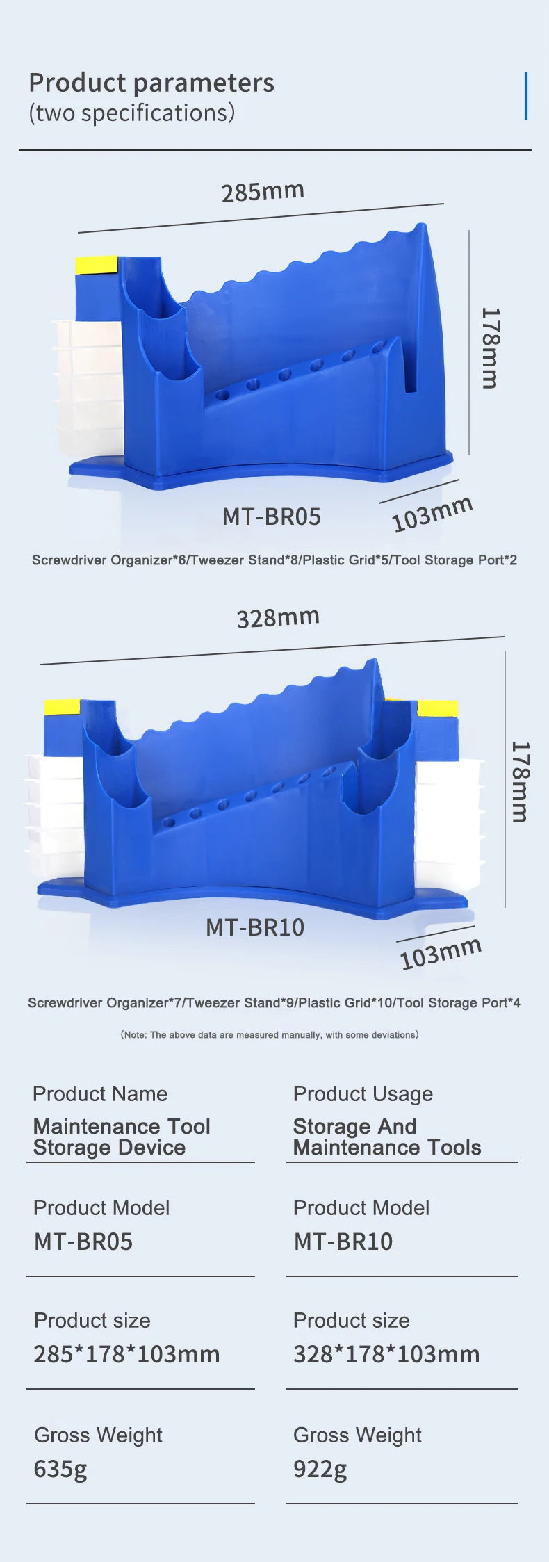Blue MT-BR05 screwdriver organizer rack and MT-BR10 storage device with dimensions shown.